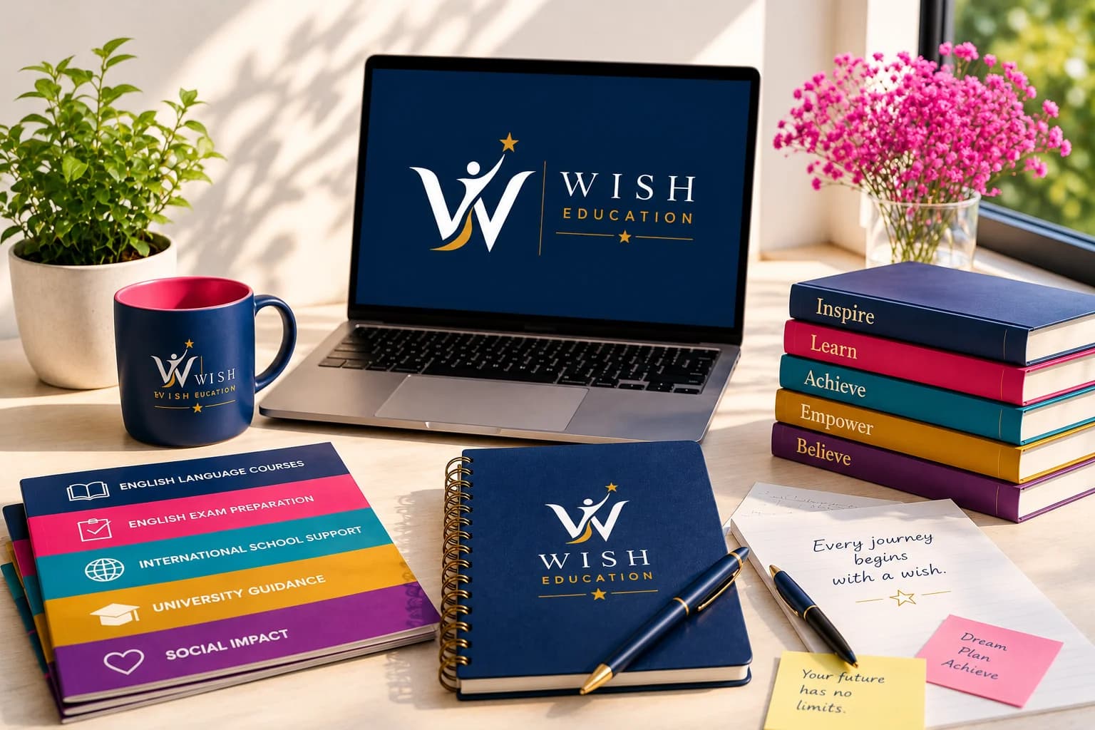 A WISH Education desk with the WISH logo on the laptop, leaflets for the five programmes and a notebook reading “Every journey begins with a wish”