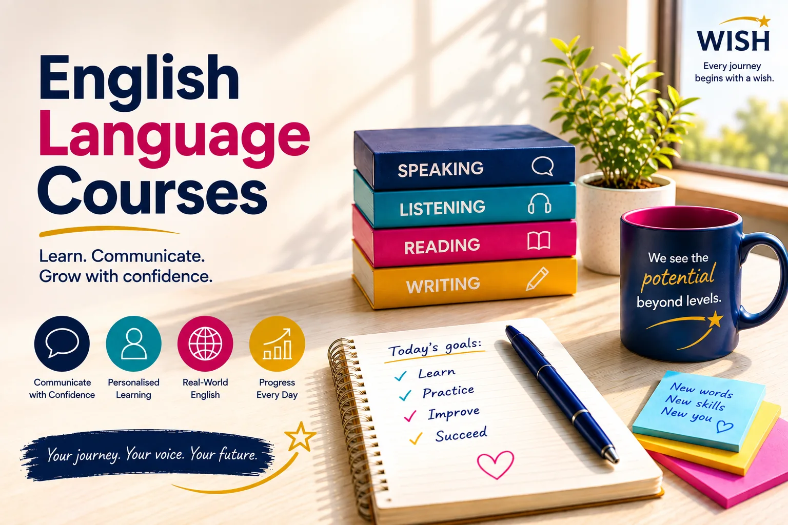 “English Language Courses” key visual with colour-coded speaking, listening, reading and writing coursebooks and a WISH mug