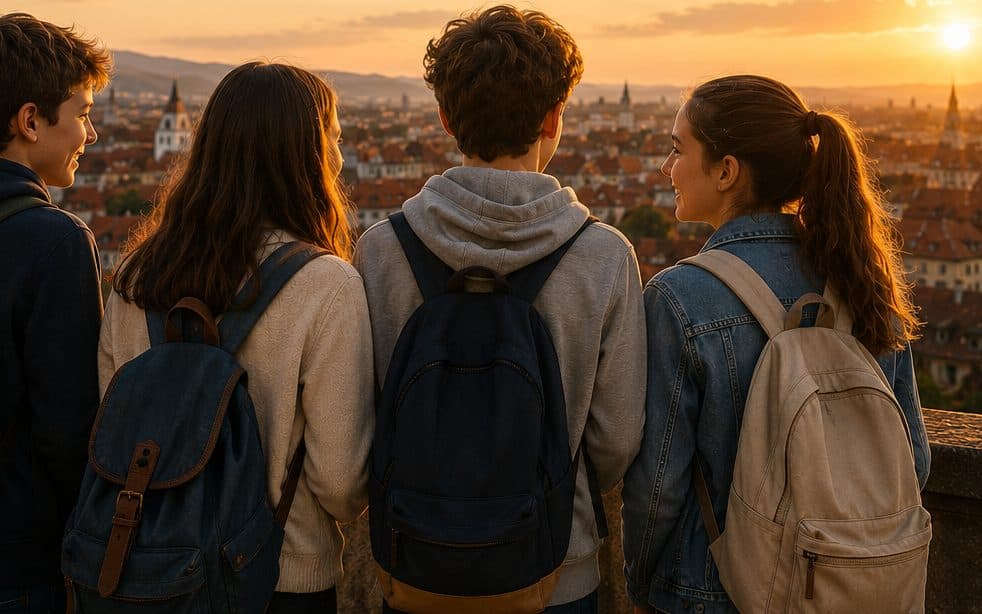 Four teenagers looking out over Sibiu at sunset from the city walls