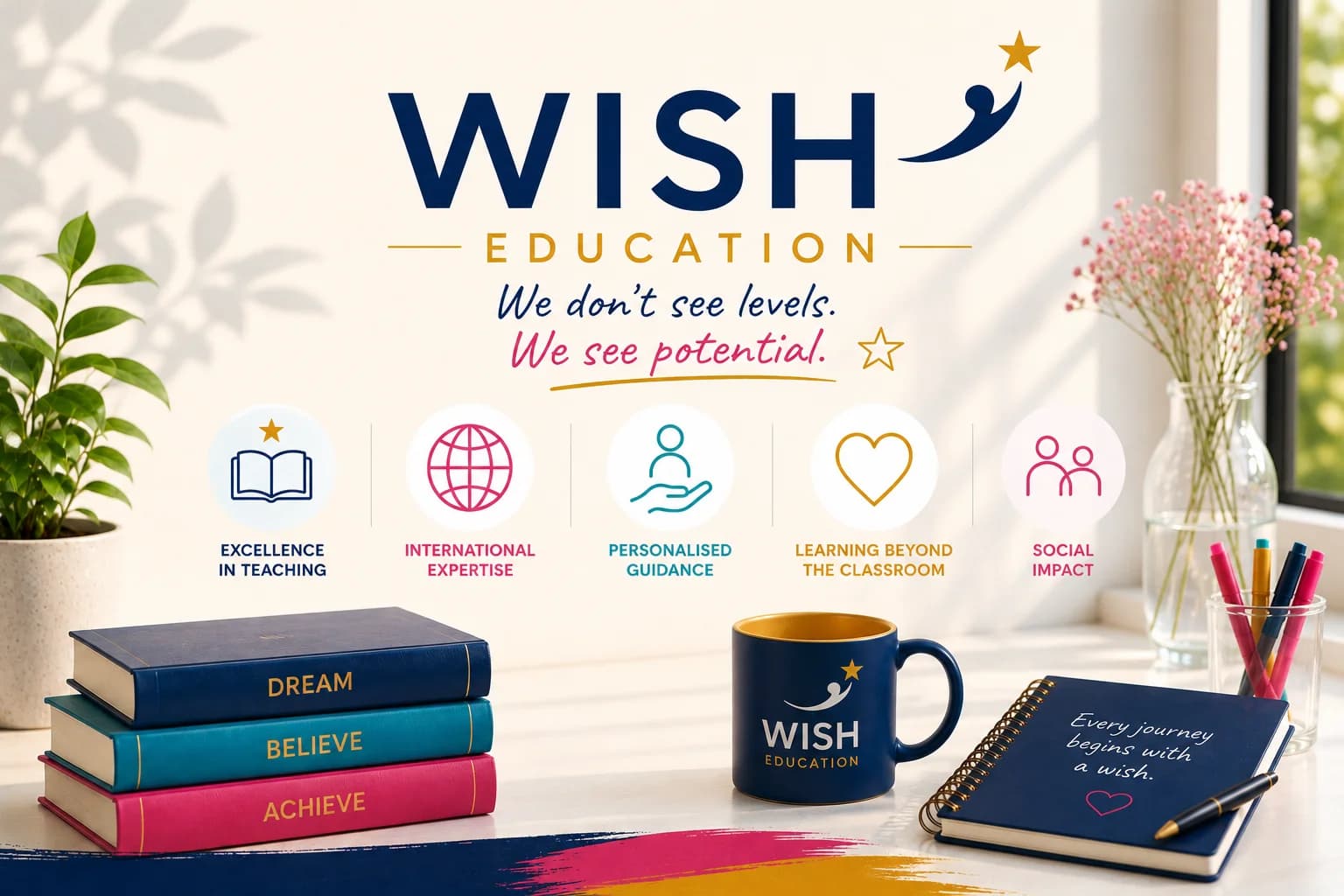 WISH Education key visual with the claim “We don’t see levels. We see potential.” and the centre’s five values