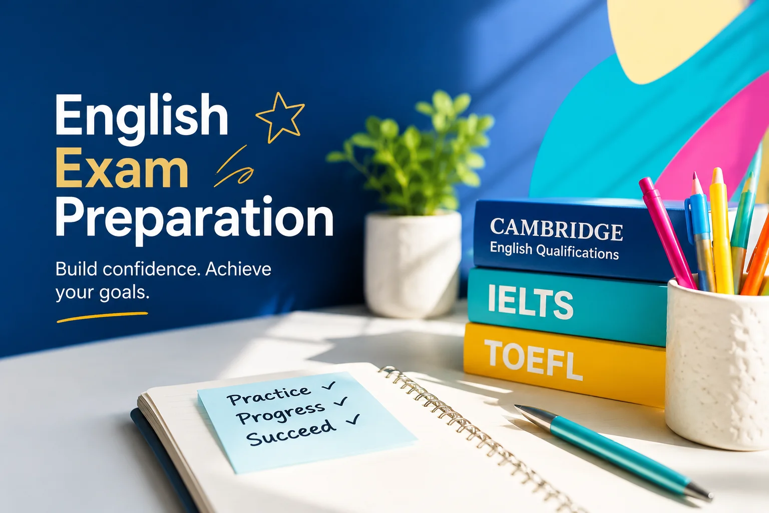 “English Exam Preparation” key visual with Cambridge English Qualifications, IELTS and TOEFL coursebooks