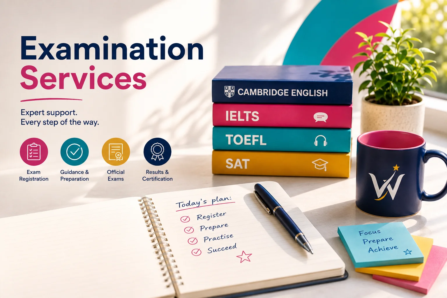“Examination Services” key visual with Cambridge English, IELTS, TOEFL and SAT coursebooks and the steps registration, preparation, official exam, results