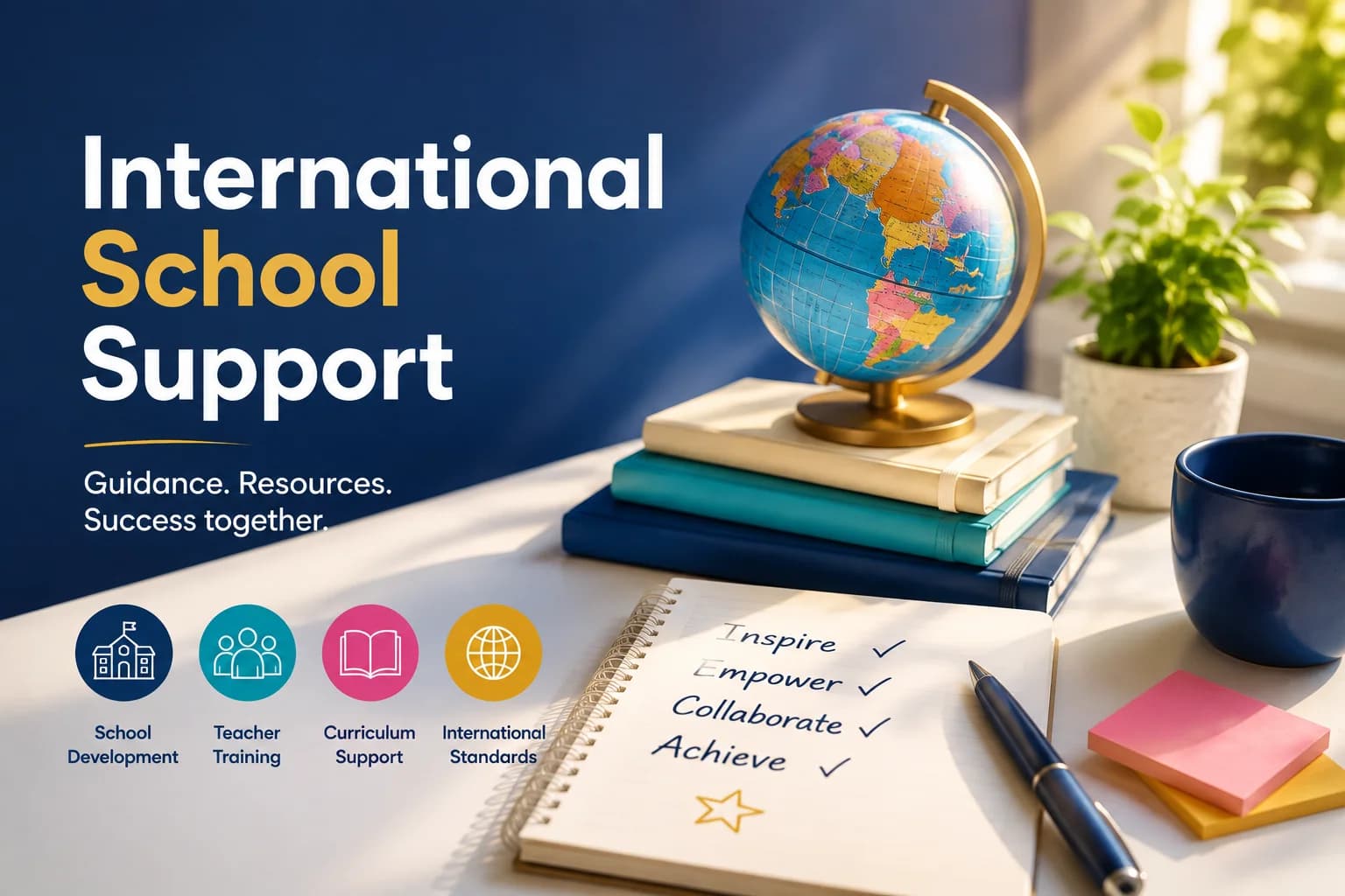 “International School Support” key visual with a globe on a stack of books