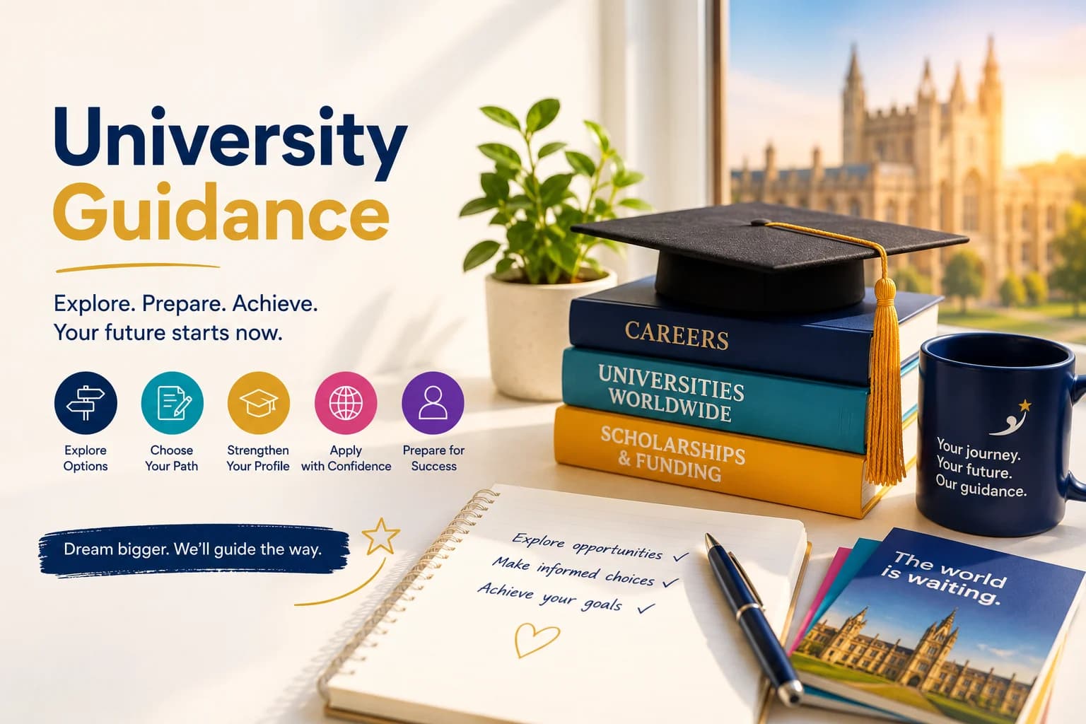 “University Guidance” key visual with a graduation cap over books on careers, universities and scholarships, a university campus in the window