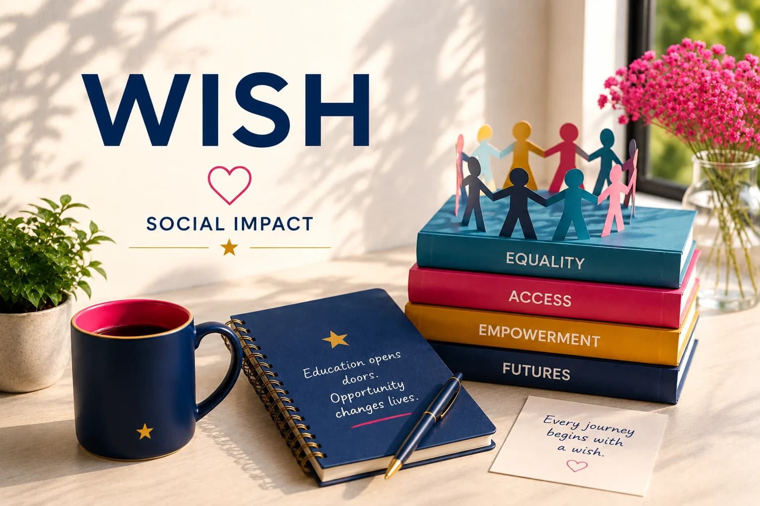 Vizual „WISH — Social Impact” cu siluete decupate ținându-se de mână peste manuale intitulate Equality, Access, Empowerment, Futures