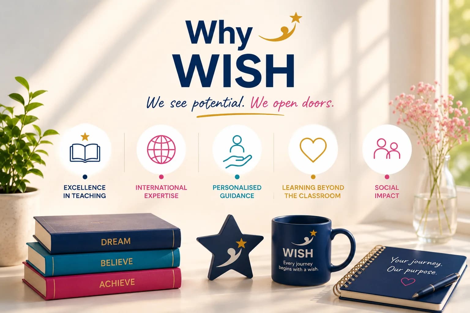 “Why WISH” key visual with the claim “We see potential. We open doors.” and the five WISH values on a sunlit desk