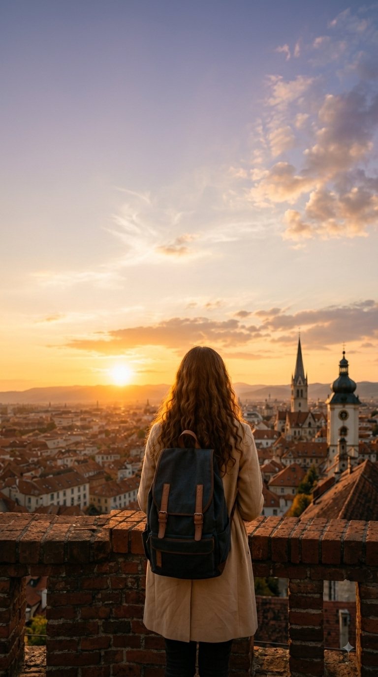 A young woman with a backpack looking out over Sibiu at sunset from the city walls